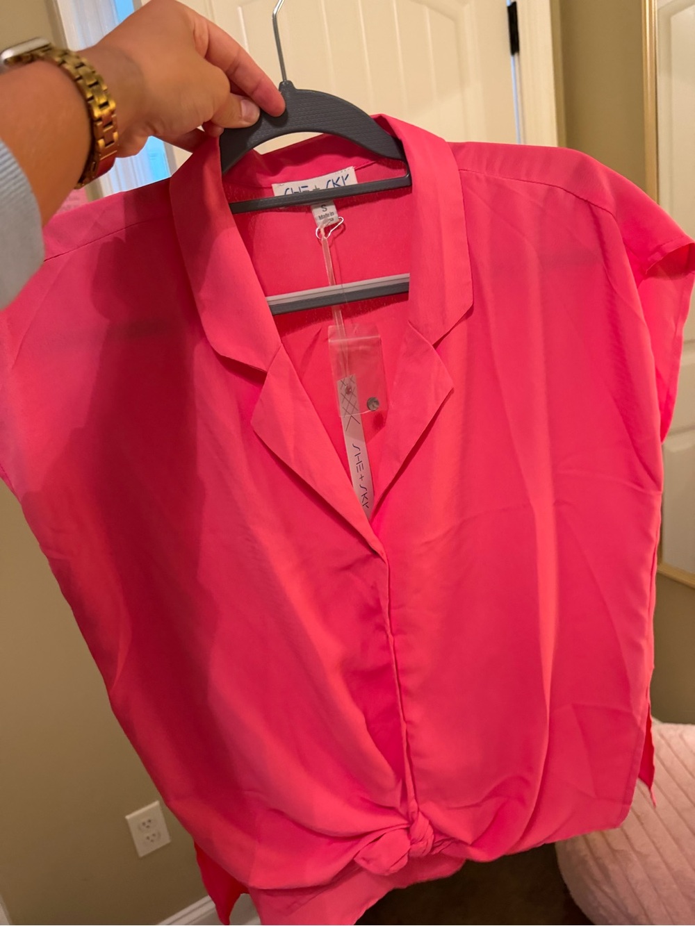 She + Sky Hot Pink Knot-Front Short Sleeve Blouse